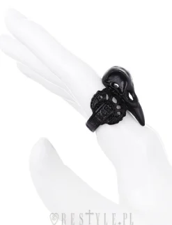 Restyle Black ring, bird skull, raven, crescent, occult jewellery "WITCH CROW BLACK"