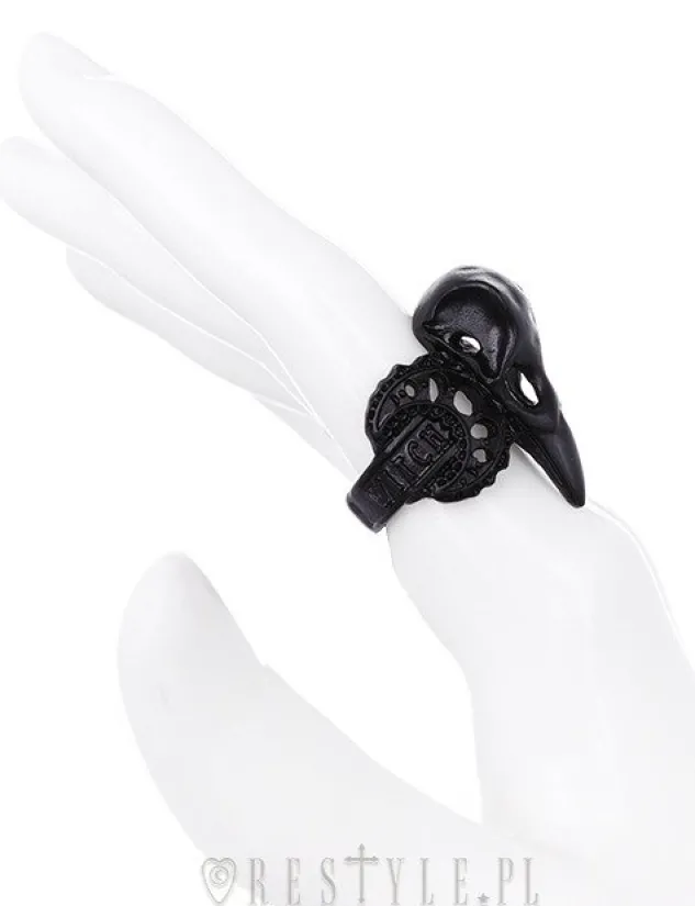 Restyle Black ring, bird skull, raven, crescent, occult jewellery "WITCH CROW BLACK"
