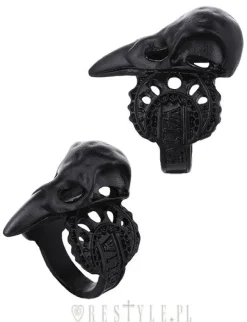 Restyle Black ring, bird skull, raven, crescent, occult jewellery