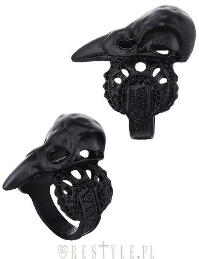 Restyle Black ring, bird skull, raven, crescent, occult jewellery "WITCH CROW BLACK"