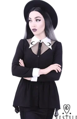 Restyle Black shirt with basquine, White, long collar with crescent embroidery "LUNA SHIRT"