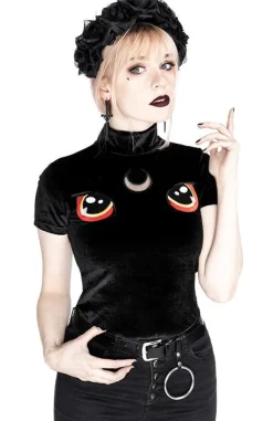 Restyle Black Velvet Cat Top with embroidery I SEE YOU