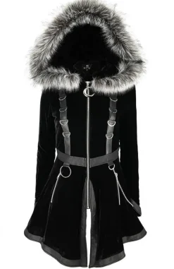Restyle Black Velvet D-ring Coat with Oversized Hood Trimmed with Silver Fur