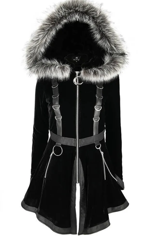 Restyle Black Velvet D-ring Coat with Oversized Hood Trimmed with Silver Fur