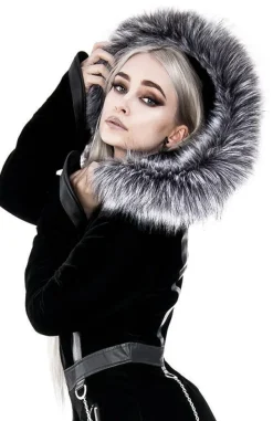 Restyle Black Velvet D-ring Coat with Oversized Hood Trimmed with Silver Fur
