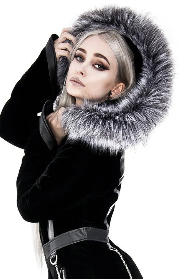 Restyle Black Velvet D-ring Coat with Oversized Hood Trimmed with Silver Fur