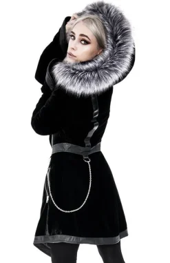 Restyle Black Velvet D-ring Coat with Oversized Hood Trimmed with Silver Fur