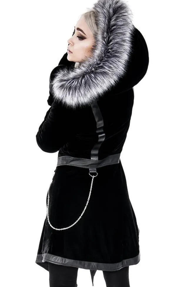 Restyle Black Velvet D-ring Coat with Oversized Hood Trimmed with Silver Fur