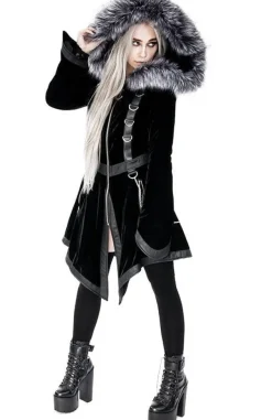 Restyle Black Velvet D-ring Coat with Oversized Hood Trimmed with Silver Fur