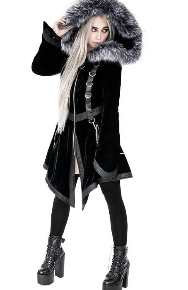 Restyle Black Velvet D-ring Coat with Oversized Hood Trimmed with Silver Fur