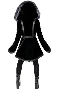 Restyle Black Velvet D-ring Coat with Oversized Hood Trimmed with Silver Fur