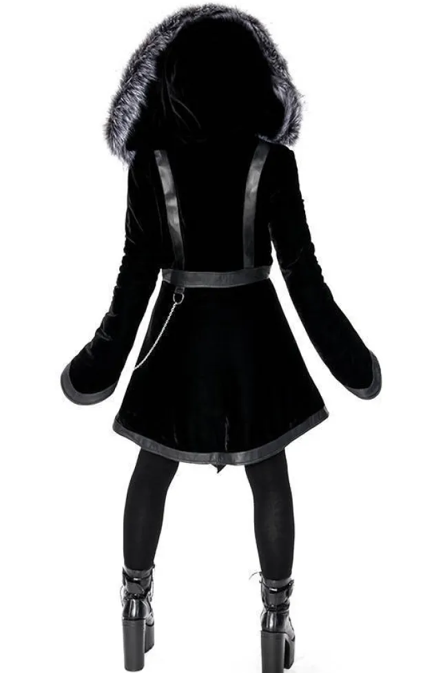 Restyle Black Velvet D-ring Coat with Oversized Hood Trimmed with Silver Fur