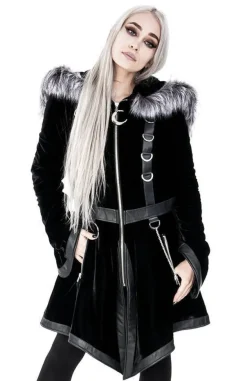 Restyle Black Velvet D-ring Coat with Oversized Hood Trimmed with Silver Fur