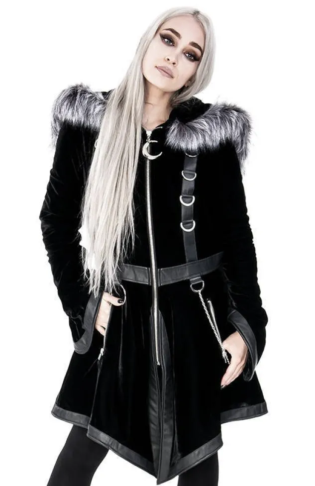 Restyle Black Velvet D-ring Coat with Oversized Hood Trimmed with Silver Fur