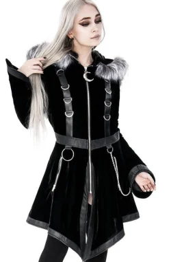 Restyle Black Velvet D-ring Coat with Oversized Hood Trimmed with Silver Fur