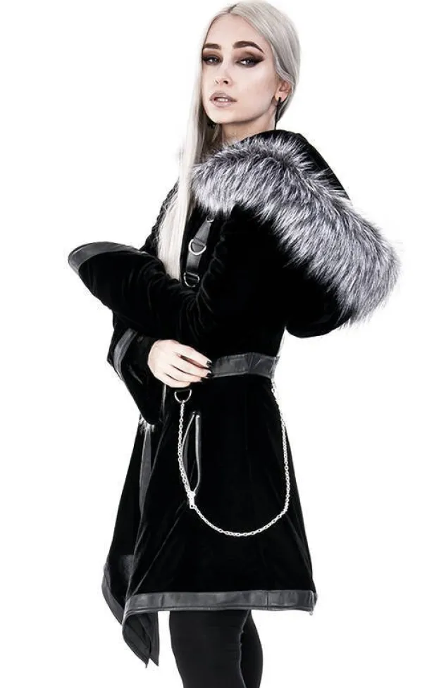 Restyle Black Velvet D-ring Coat with Oversized Hood Trimmed with Silver Fur