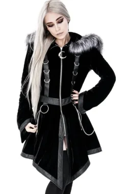 Restyle Black Velvet D-ring Coat with Oversized Hood Trimmed with Silver Fur