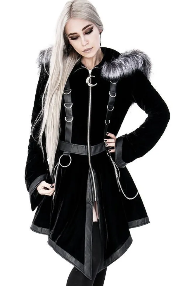 Restyle Black Velvet D-ring Coat with Oversized Hood Trimmed with Silver Fur