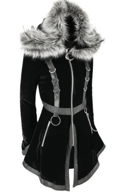 Restyle Black Velvet D-ring Coat with Oversized Hood Trimmed with Silver Fur