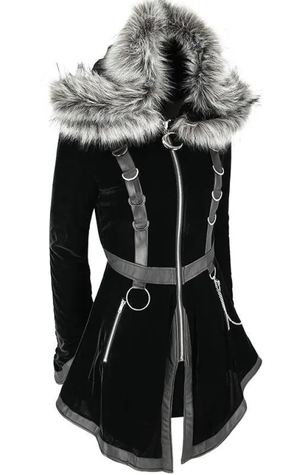 Restyle Black Velvet D-ring Coat with Oversized Hood Trimmed with Silver Fur