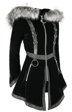 Restyle Black Velvet D-ring Coat with Oversized Hood Trimmed with Silver Fur