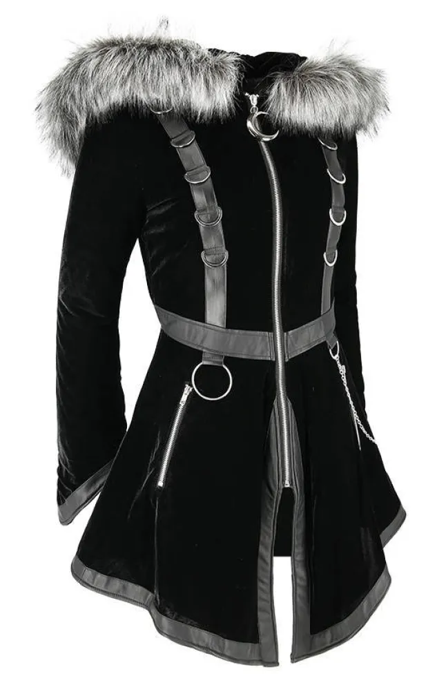 Restyle Black Velvet D-ring Coat with Oversized Hood Trimmed with Silver Fur