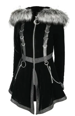 Restyle Black Velvet D-ring Coat with Oversized Hood Trimmed with Silver Fur