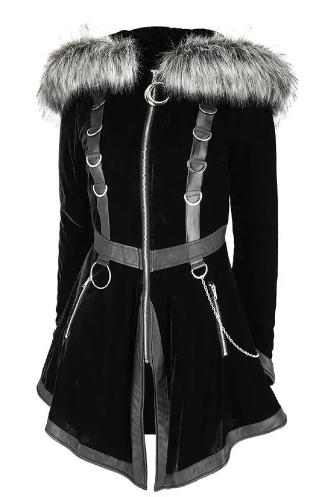 Restyle Black Velvet D-ring Coat with Oversized Hood Trimmed with Silver Fur