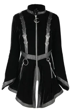 Restyle Black Velvet D-ring Coat with Oversized Hood Trimmed with Silver Fur