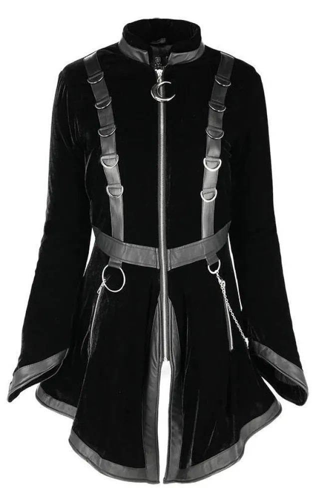 Restyle Black Velvet D-ring Coat with Oversized Hood Trimmed with Silver Fur