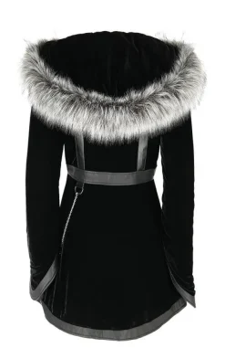 Restyle Black Velvet D-ring Coat with Oversized Hood Trimmed with Silver Fur