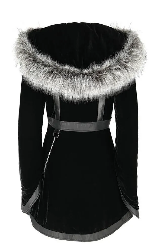 Restyle Black Velvet D-ring Coat with Oversized Hood Trimmed with Silver Fur