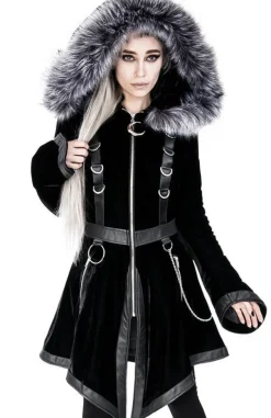 Restyle Black Velvet D-ring Coat with Oversized Hood Trimmed with Silver Fur