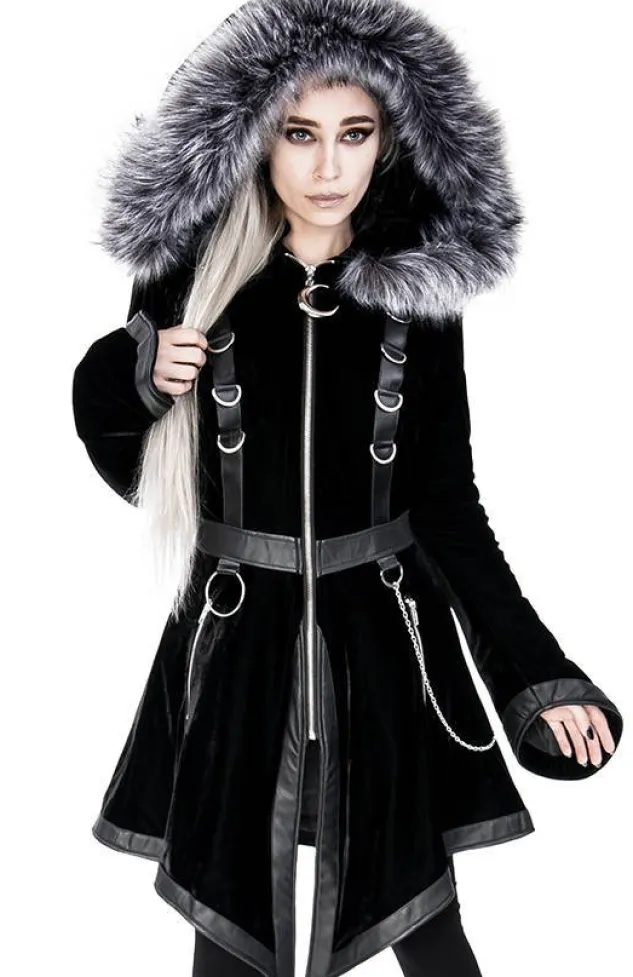 Restyle Black Velvet D-ring Coat with Oversized Hood Trimmed with Silver Fur