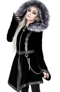 Restyle Black Velvet D-ring Coat with Oversized Hood Trimmed with Silver Fur
