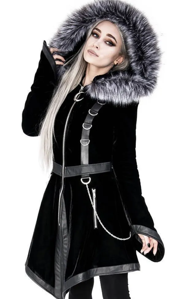 Restyle Black Velvet D-ring Coat with Oversized Hood Trimmed with Silver Fur