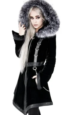 Restyle Black Velvet D-ring Coat with Oversized Hood Trimmed with Silver Fur