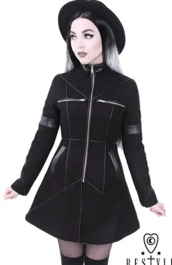 Restyle Black winter jacket with pockets, detachable hood, wool 