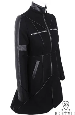 Restyle Black winter jacket with pockets, detachable hood, wool 