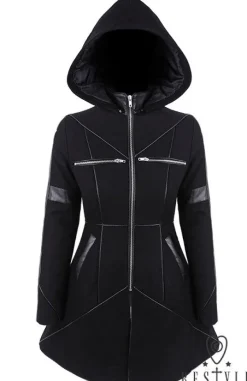 Restyle Black winter jacket with pockets, detachable hood, wool 