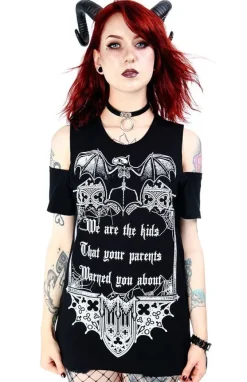 Restyle Black women`s gothic T-shirt cold shoulder We are the kids
