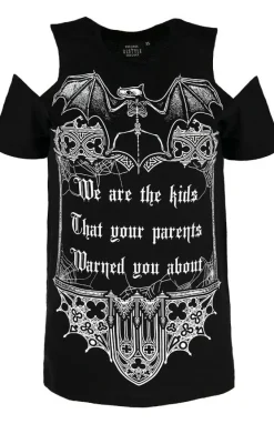 Restyle Black women`s gothic T-shirt cold shoulder We are the kids