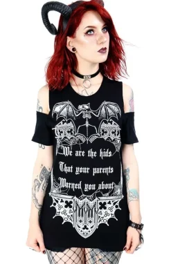 Restyle Black women`s gothic T-shirt cold shoulder We are the kids