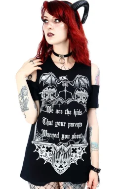 Restyle Black women`s gothic T-shirt cold shoulder We are the kids
