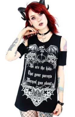 Restyle Black women`s gothic T-shirt cold shoulder We are the kids