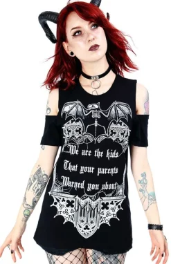 Restyle Black women`s gothic T-shirt cold shoulder We are the kids