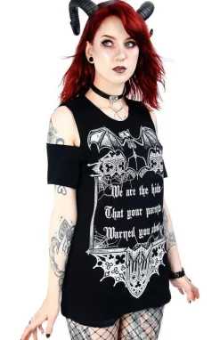 Restyle Black women`s gothic T-shirt cold shoulder We are the kids