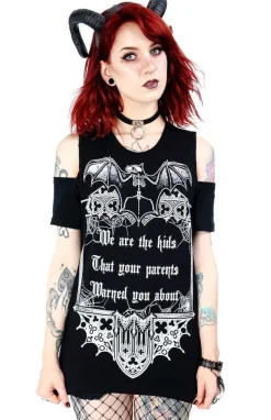 Restyle Black women`s gothic T-shirt cold shoulder We are the kids
