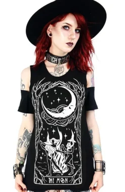 Restyle Black women`s t-shirt cold shoulder WITCHES CHANT