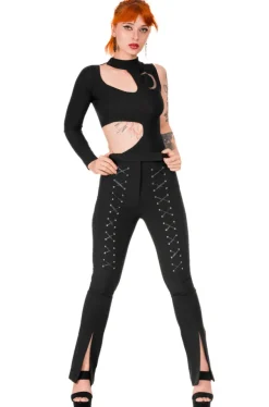 Restyle BONDED FLARE TROUSERS, HIGH WAIST LACED UP PANTS